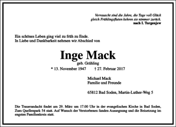 Traueranzeige von Inge Mack von Frankfurter Allgemeine Zeitung