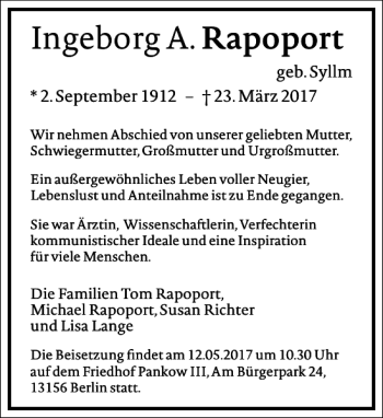 Traueranzeige von Ingeborg A. Rapoport von Frankfurter Allgemeine Zeitung