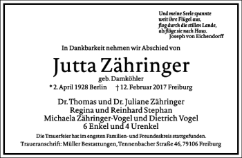 Traueranzeige von Jutta Zähringer von Frankfurter Allgemeine Zeitung