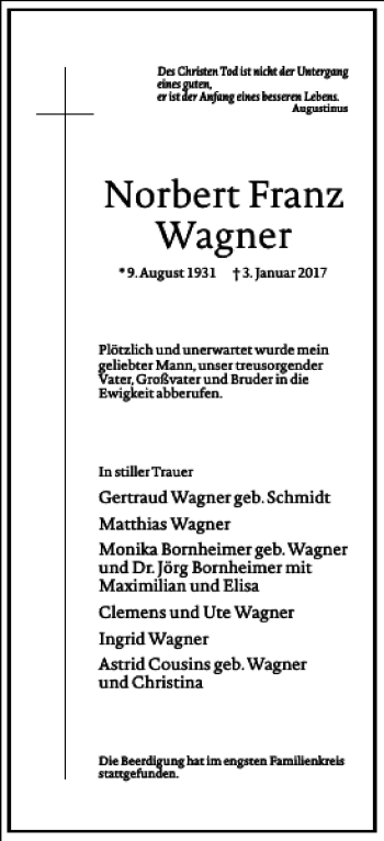 Traueranzeige von Norbert Franz Wagner von Frankfurter Allgemeine Zeitung