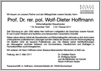 Traueranzeige von Prof. Dr. rer. pol. Wolf-Dieter Hoffmann  von Frankfurter Allgemeine Zeitung