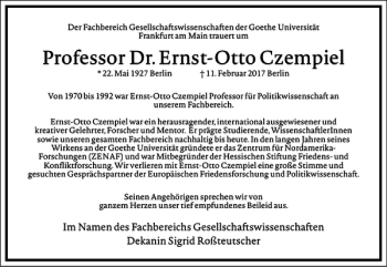 Traueranzeige von Professor Dr. Ernst-Otto Czempiel von Frankfurter Allgemeine Zeitung