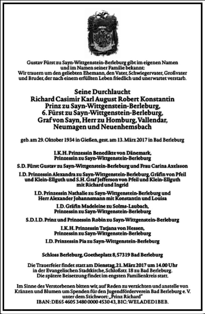  Traueranzeige für Richard Casimir Karl August Robert Konstantin Prinz zu Sayn-Wittgenstein-Berleburg  vom 17.03.2017 aus Frankfurter Allgemeine Zeitung
