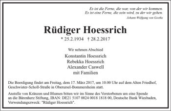 Traueranzeige von Rüdiger Hoessrich von Frankfurter Allgemeine Zeitung