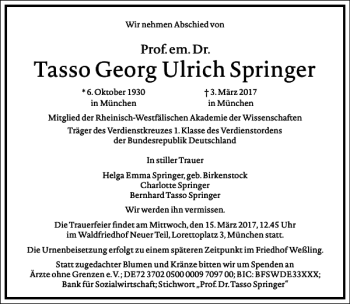 Traueranzeige von Tasso Georg Ulrich Springer von Frankfurter Allgemeine Zeitung