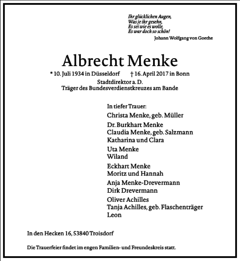  Traueranzeige für Albrecht Menke vom 22.04.2017 aus Frankfurter Allgemeine Zeitung
