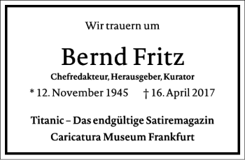 Traueranzeige von Bernd Fritz von Frankfurter Allgemeine Zeitung
