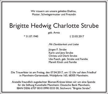 Traueranzeige von Brigitte Hedwig Charlotte Strube von Frankfurter Allgemeine Zeitung