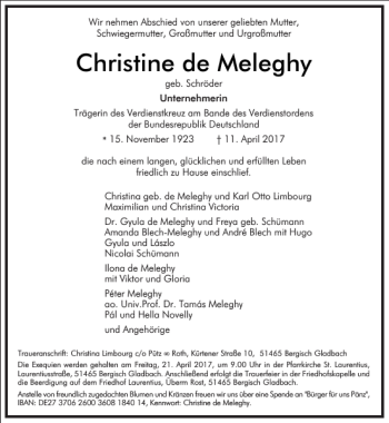 Traueranzeige von Christine de Meleghy von Frankfurter Allgemeine Zeitung