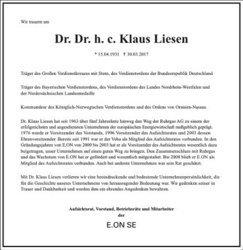 Traueranzeige von Dr. Dr. h. c. Klaus Liesen  von Frankfurter Allgemeine Zeitung