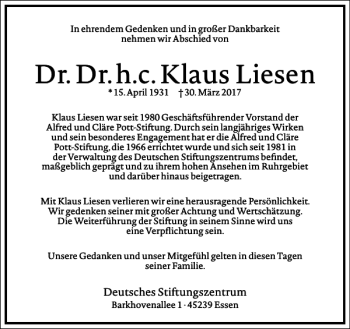 Traueranzeige von Dr. Dr. h. c. Klaus Liesen  von Frankfurter Allgemeine Zeitung