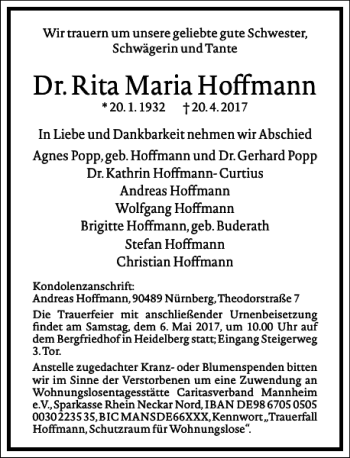 Traueranzeige von Dr. Rita Maria Hoffmann von Frankfurter Allgemeine Zeitung