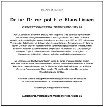 Traueranzeige von Dr. iur. Dr. rer. pol. h. c. Klaus Liesen  von Frankfurter Allgemeine Zeitung