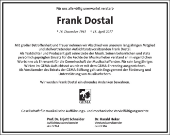 Traueranzeige von Frank Dostal von Frankfurter Allgemeine Zeitung