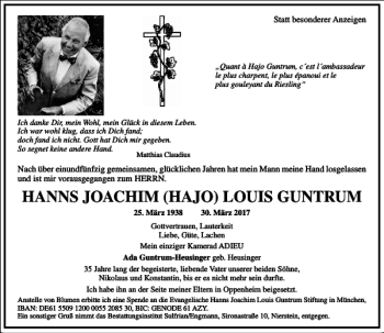 Traueranzeige von HANNS JOACHIM HAJO LOUIS GUNTRUM von Frankfurter Allgemeine Zeitung