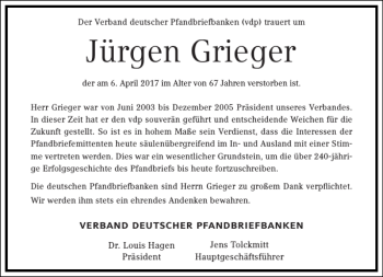 Traueranzeige von Jürgen Grieger von Frankfurter Allgemeine Zeitung