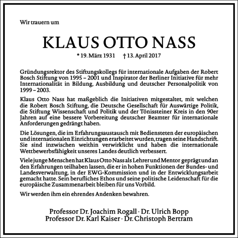  Traueranzeige für KLAUS OTTO NASS vom 22.04.2017 aus Frankfurter Allgemeine Zeitung