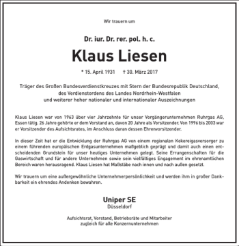 Traueranzeige von Klaus Liesen von Frankfurter Allgemeine Zeitung