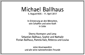 Traueranzeige von Michael Ballhaus von Frankfurter Allgemeine Zeitung