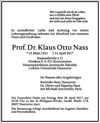 Traueranzeige von Prof. Dr. Klaus Otto Nass von Frankfurter Allgemeine Zeitung