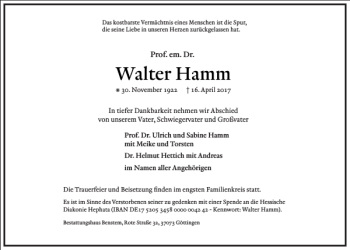 Traueranzeige von Walter Hamm von Frankfurter Allgemeine Zeitung