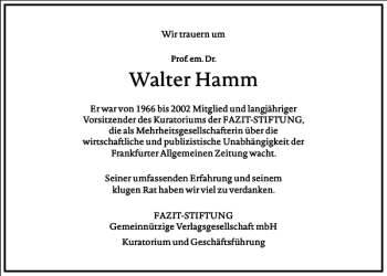 Traueranzeige von Walter Hamm von Frankfurter Allgemeine Zeitung