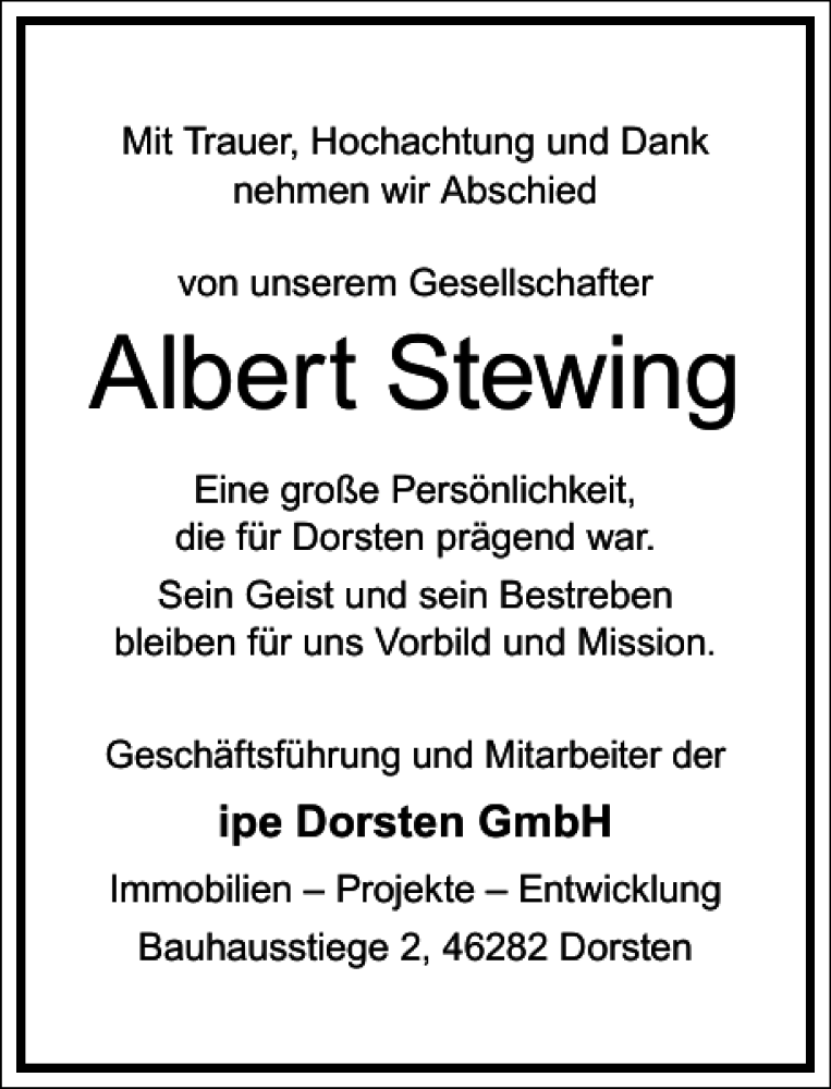  Traueranzeige für Albert Stewing vom 20.05.2017 aus Frankfurter Allgemeine Zeitung