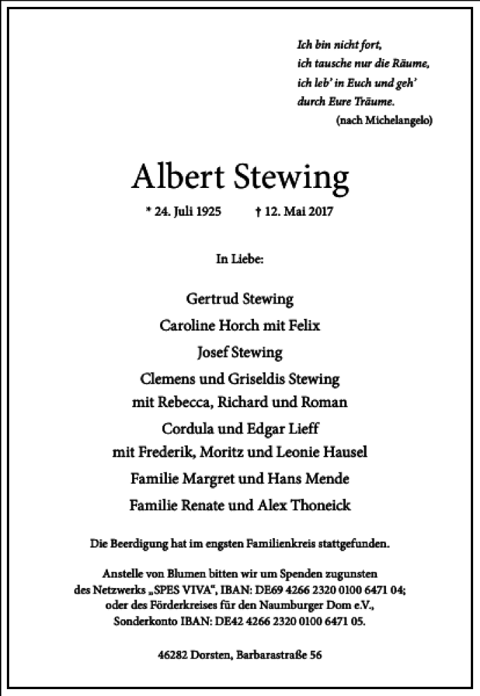  Traueranzeige für Albert Stewing vom 20.05.2017 aus Frankfurter Allgemeine Zeitung