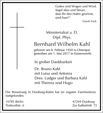 Traueranzeige von Bernhard Wilhelm Kahl von Frankfurter Allgemeine Zeitung