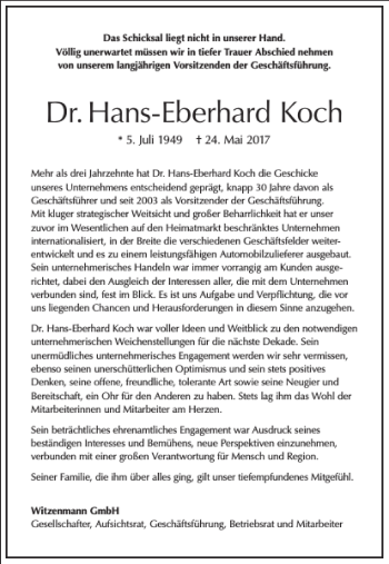 Traueranzeige von Dr. Hans-Eberhard Koch von Frankfurter Allgemeine Zeitung