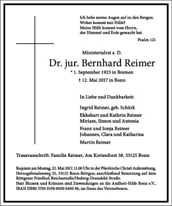 Traueranzeige von Dr. jur. Bernhard Reimer von Frankfurter Allgemeine Zeitung