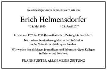 Traueranzeige von Erich Helmensdorfer von Frankfurter Allgemeine Zeitung