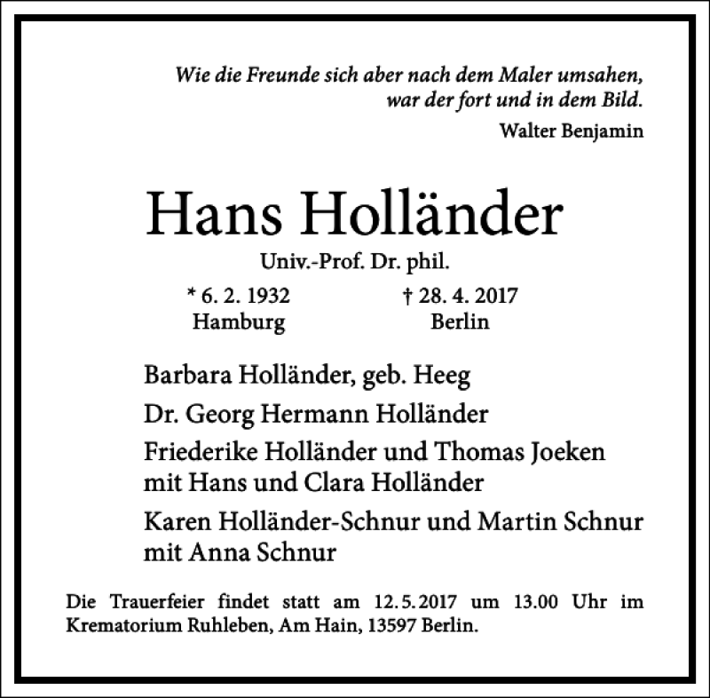  Traueranzeige für Hans Holländer vom 06.05.2017 aus Frankfurter Allgemeine Zeitung
