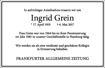 Traueranzeige von Ingrid Grein von Frankfurter Allgemeine Zeitung