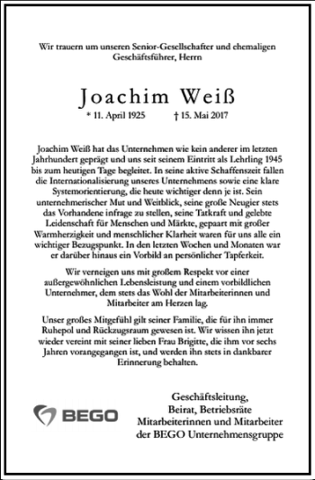 Traueranzeige von Joachim Weiß von Frankfurter Allgemeine Zeitung