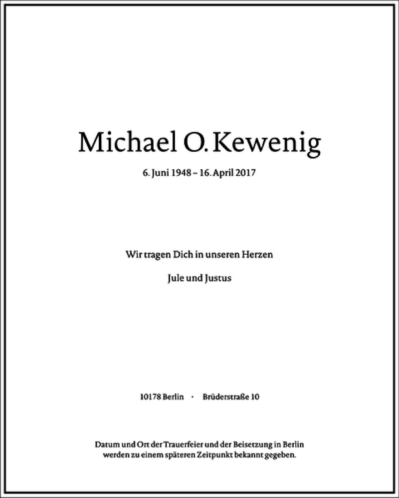  Traueranzeige für Michael O. Kewenig vom 04.05.2017 aus Frankfurter Allgemeine Zeitung