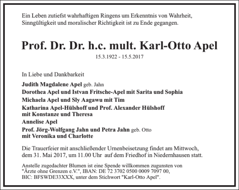  Traueranzeige für Prof. Dr. Dr. h. c. mult. Karl-Otto Apel  vom 19.05.2017 aus Frankfurter Allgemeine Zeitung