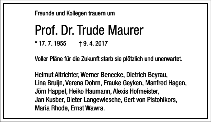  Traueranzeige für Prof. Dr. Trude Maurer vom 11.05.2017 aus Frankfurter Allgemeine Zeitung
