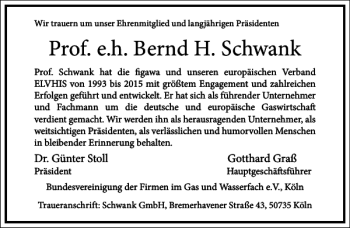 Traueranzeige von Prof. e. h. Bernd H. Schwank  von Frankfurter Allgemeine Zeitung