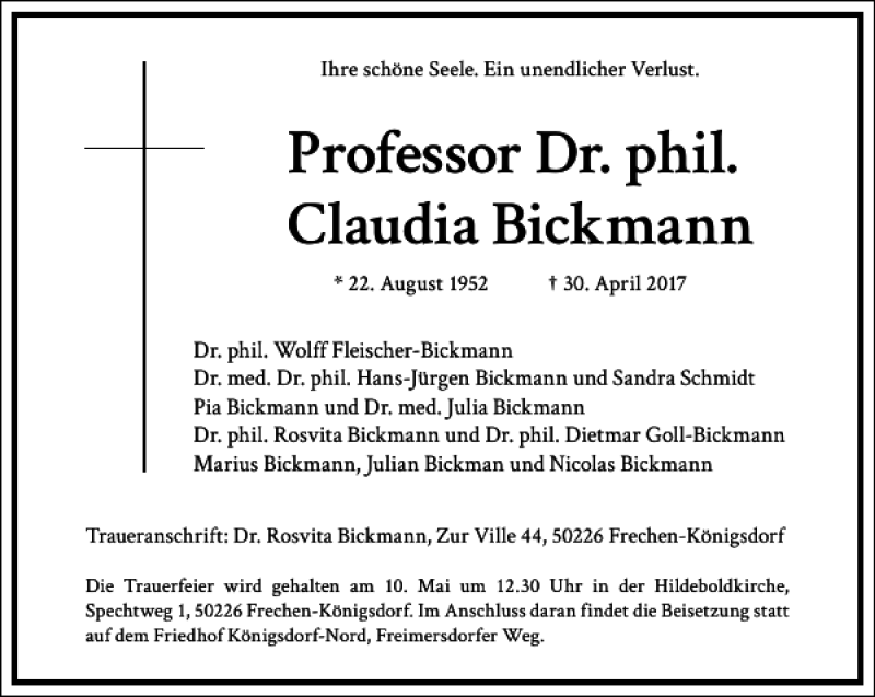  Traueranzeige für Professor Dr. phil. Claudia Bickmann vom 06.05.2017 aus Frankfurter Allgemeine Zeitung