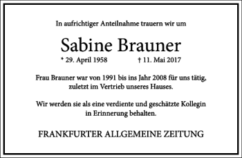 Traueranzeige von Sabine Brauner von Frankfurter Allgemeine Zeitung