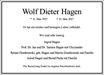 Traueranzeige von Wolf Dieter Hagen von Frankfurter Allgemeine Zeitung