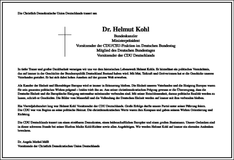  Traueranzeige für Dr. Helmut Kohl vom 21.06.2017 aus Frankfurter Allgemeine Zeitung