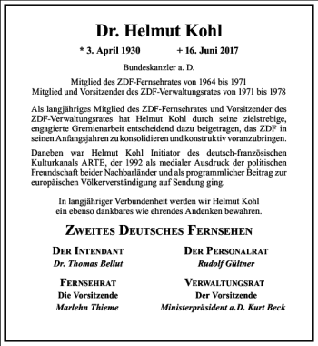 Traueranzeige von Dr. Helmut Kohl von Frankfurter Allgemeine Zeitung