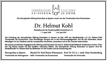 Traueranzeige von Dr. Helmut Kohl von Frankfurter Allgemeine Zeitung