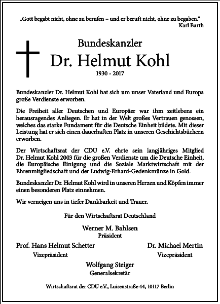  Traueranzeige für Dr. Helmut Kohl vom 21.06.2017 aus Frankfurter Allgemeine Zeitung