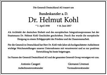 Traueranzeige von Dr. Helmut Kohl von Frankfurter Allgemeine Zeitung