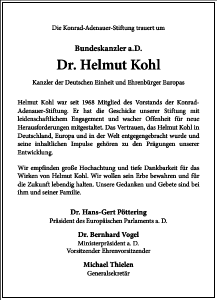  Traueranzeige für Dr. Helmut Kohl vom 21.06.2017 aus Frankfurter Allgemeine Zeitung