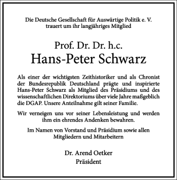 Traueranzeige von Hans-Peter Schwarz von Frankfurter Allgemeine Zeitung