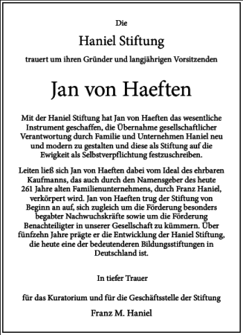 Traueranzeige von Jan von Haeften von Frankfurter Allgemeine Zeitung